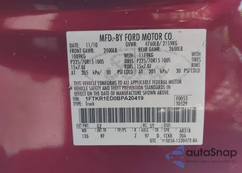 2011 Ford Ranger Xlt from USA, damaged, VIN 1FTKR1ED0BPA20419